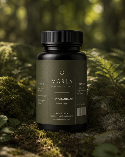 Gélules de glucomannane de konjac Marla — pilulier dans un sous-bois