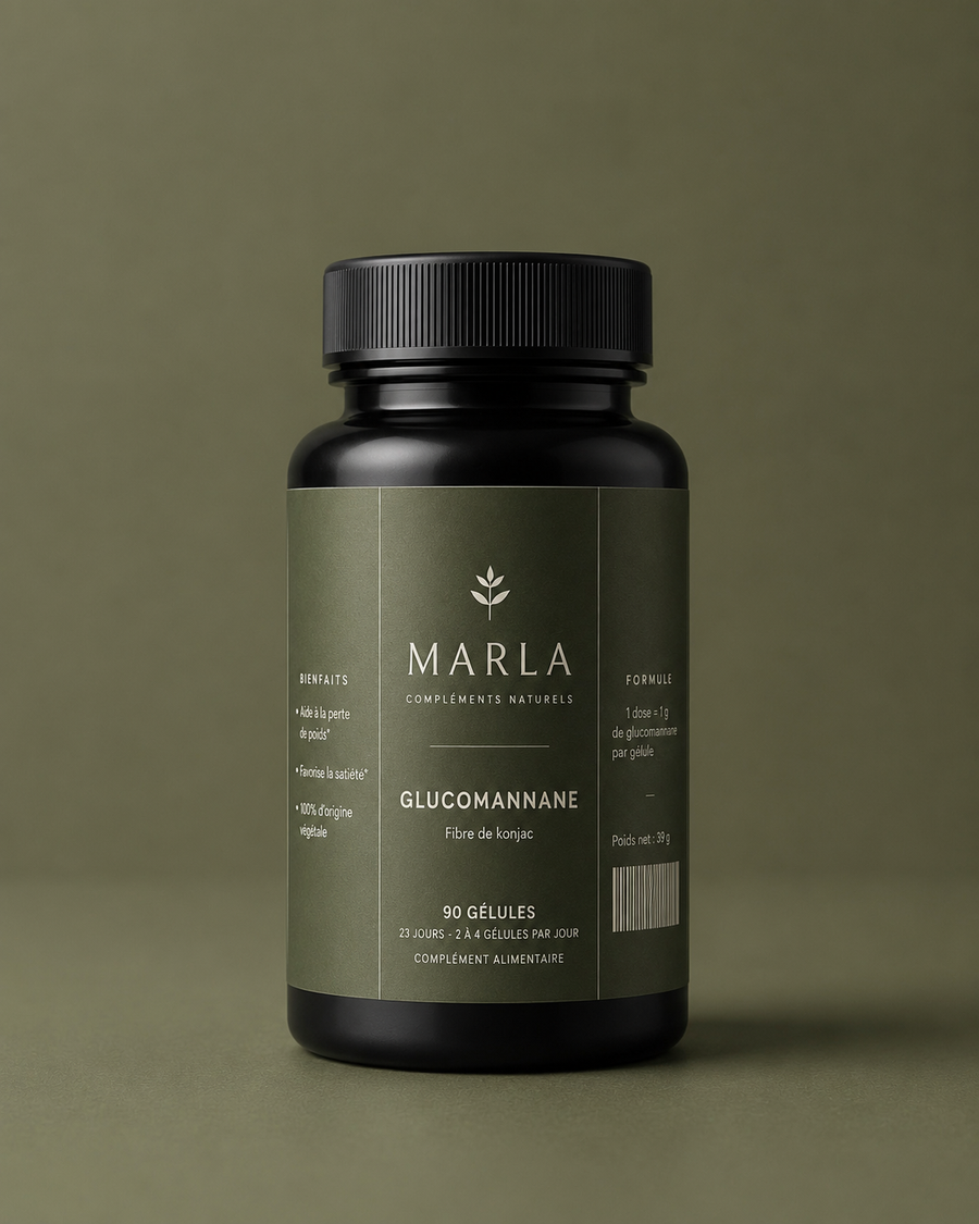 Gélules de glucomannane de konjac Marla — pilulier noir de 90 gélules dosées à 1 g, étiquette olive, sur fond vert