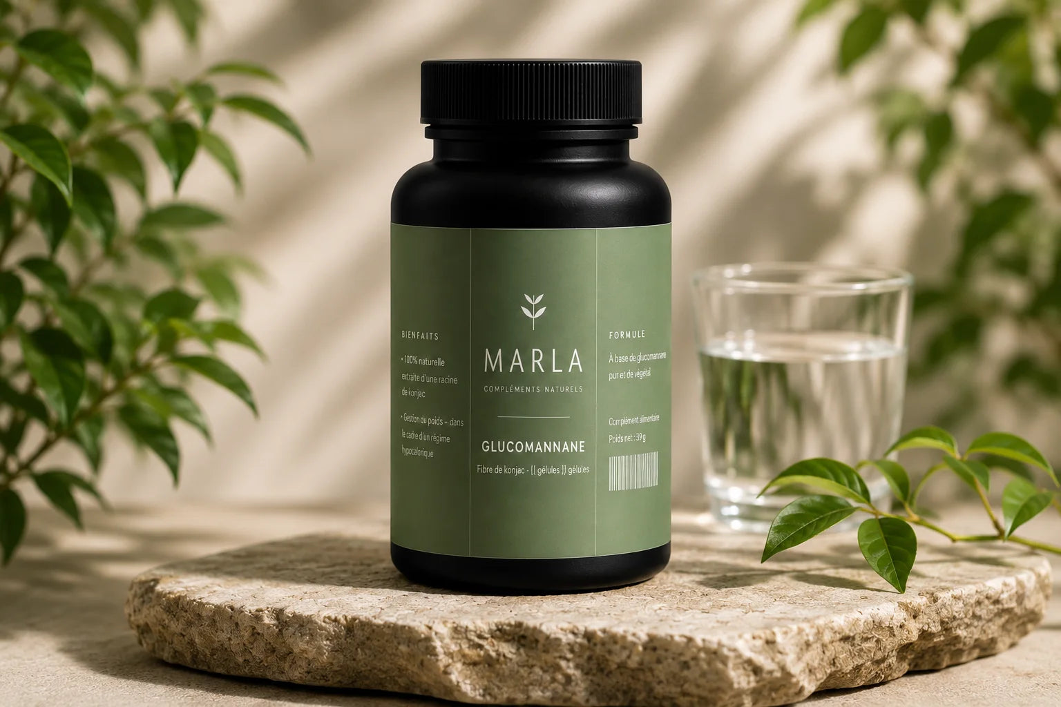 Pot de gélules Marla Glucomannane posé sur une pierre naturelle, feuillage et verre d'eau